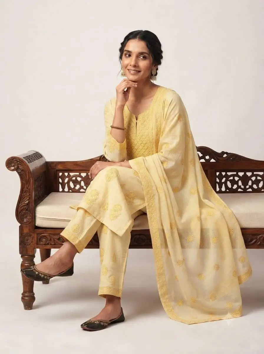 LCF CHIKAN EMBROIDER COTTON UNSTITCHED DRESS MATERIAL KURTI DUPATTA & BOTTOM - YELLOW view 4