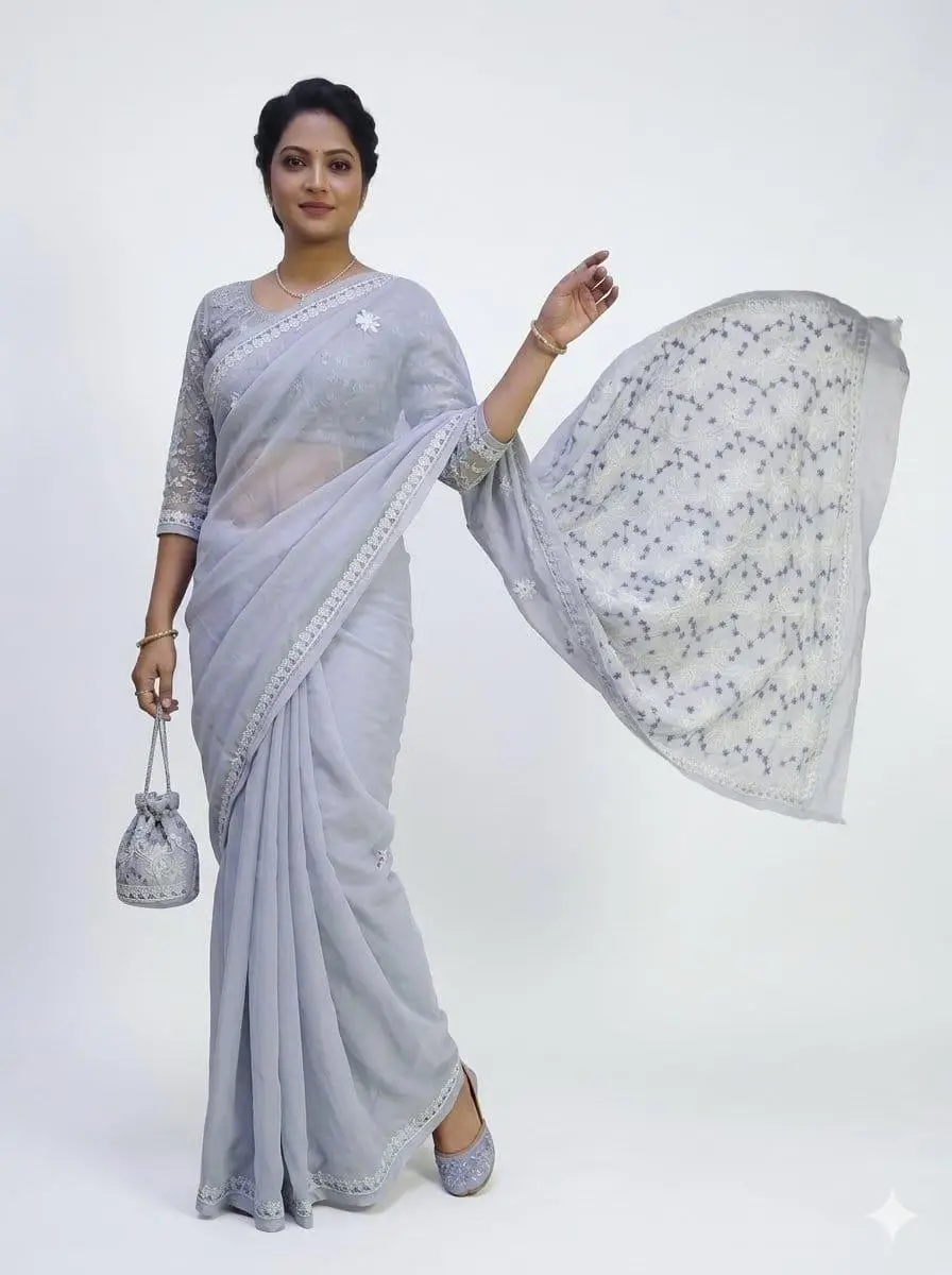 LCF CHIKAN EMBROIDERY COLOUR THREAD WITH SIQUANCE WORK CHIFFON SAREE (GREY) view 2