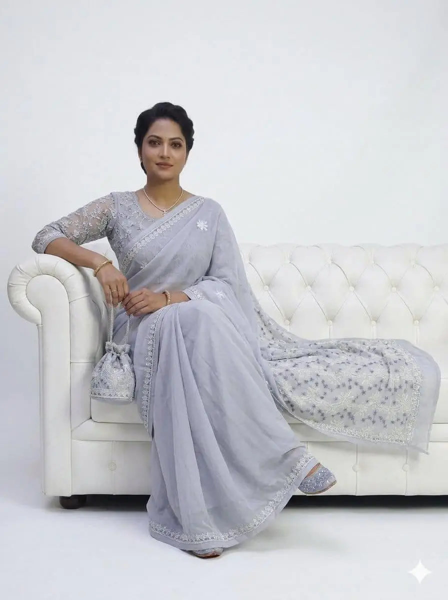LCF CHIKAN EMBROIDERY COLOUR THREAD WITH SIQUANCE WORK CHIFFON SAREE (GREY) view 3