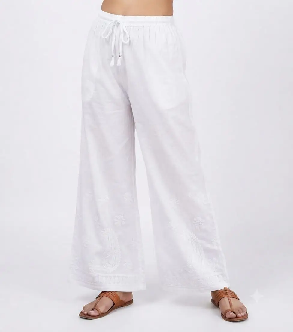 LCF CHIKAN EMBROIDERY MAL COTTON FREE SIZE PLAZO - WHITE
