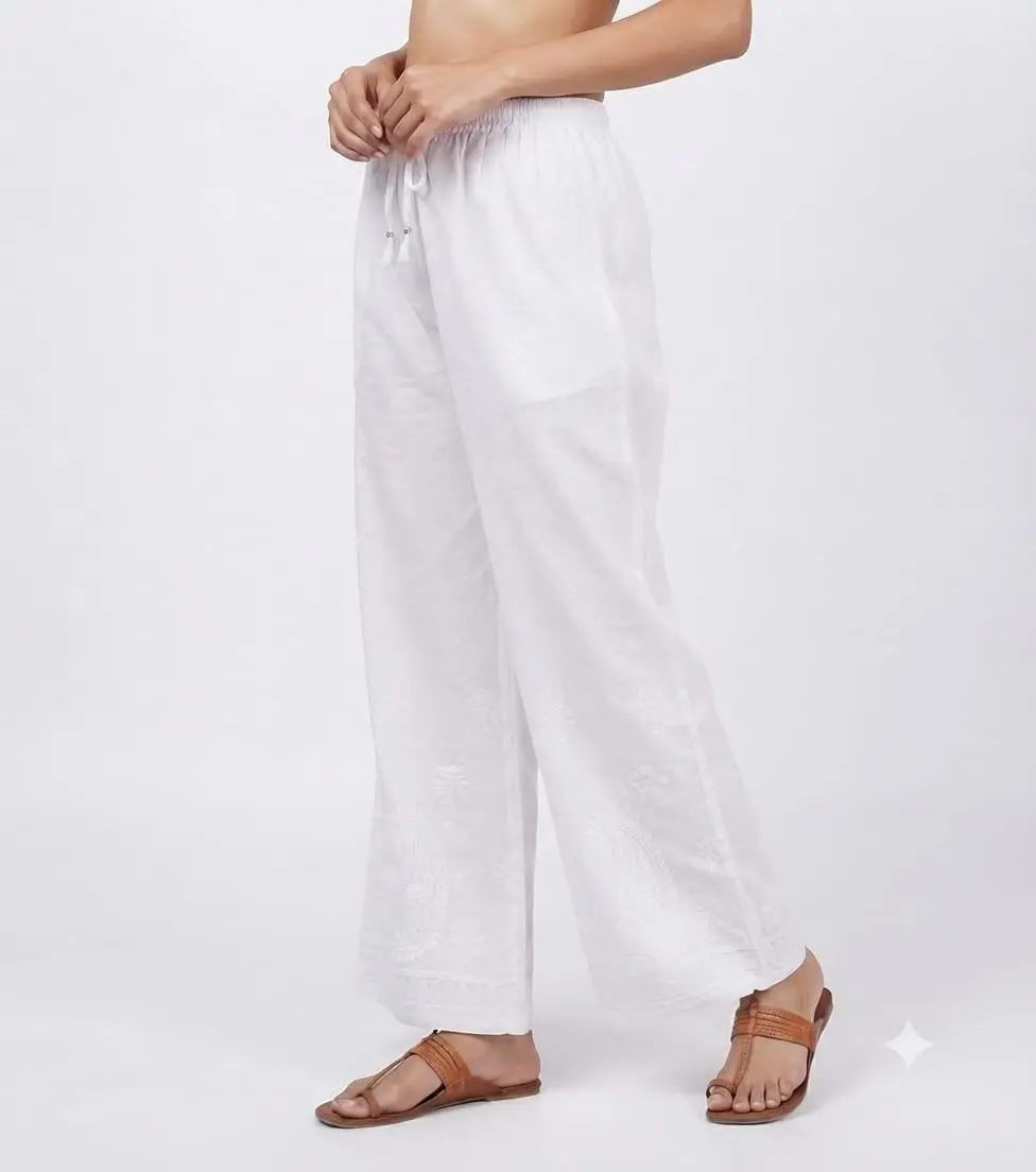 LCF CHIKAN EMBROIDERY MAL COTTON FREE SIZE PLAZO - WHITE view 2
