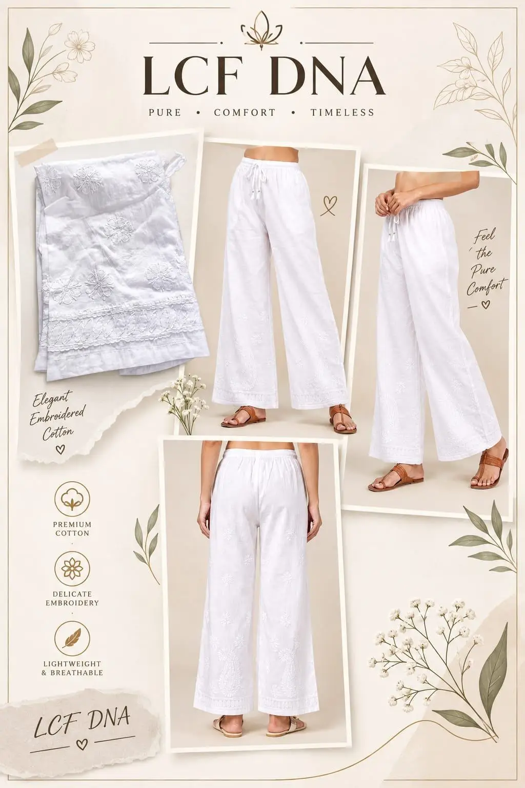 LCF CHIKAN EMBROIDERY MAL COTTON FREE SIZE PLAZO - WHITE view 4