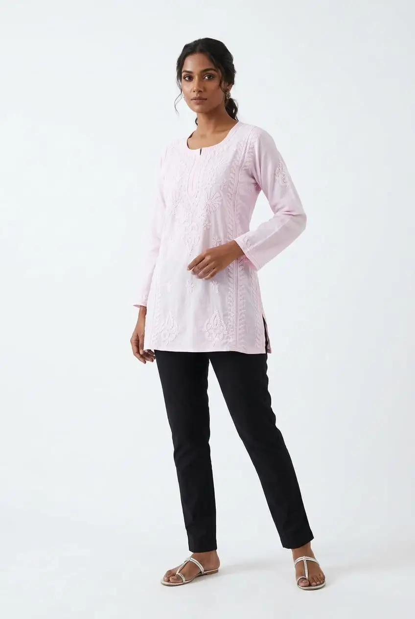 LCF CHIKAN EMBROIDERY VOIL COTTON SHORT KURTI - BABY PINK