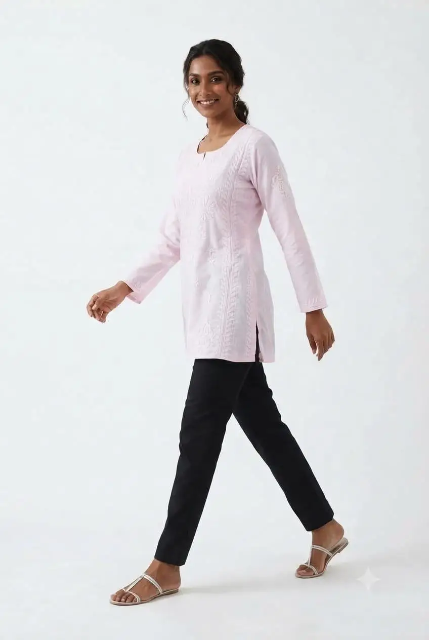 LCF CHIKAN EMBROIDERY VOIL COTTON SHORT KURTI - BABY PINK view 2