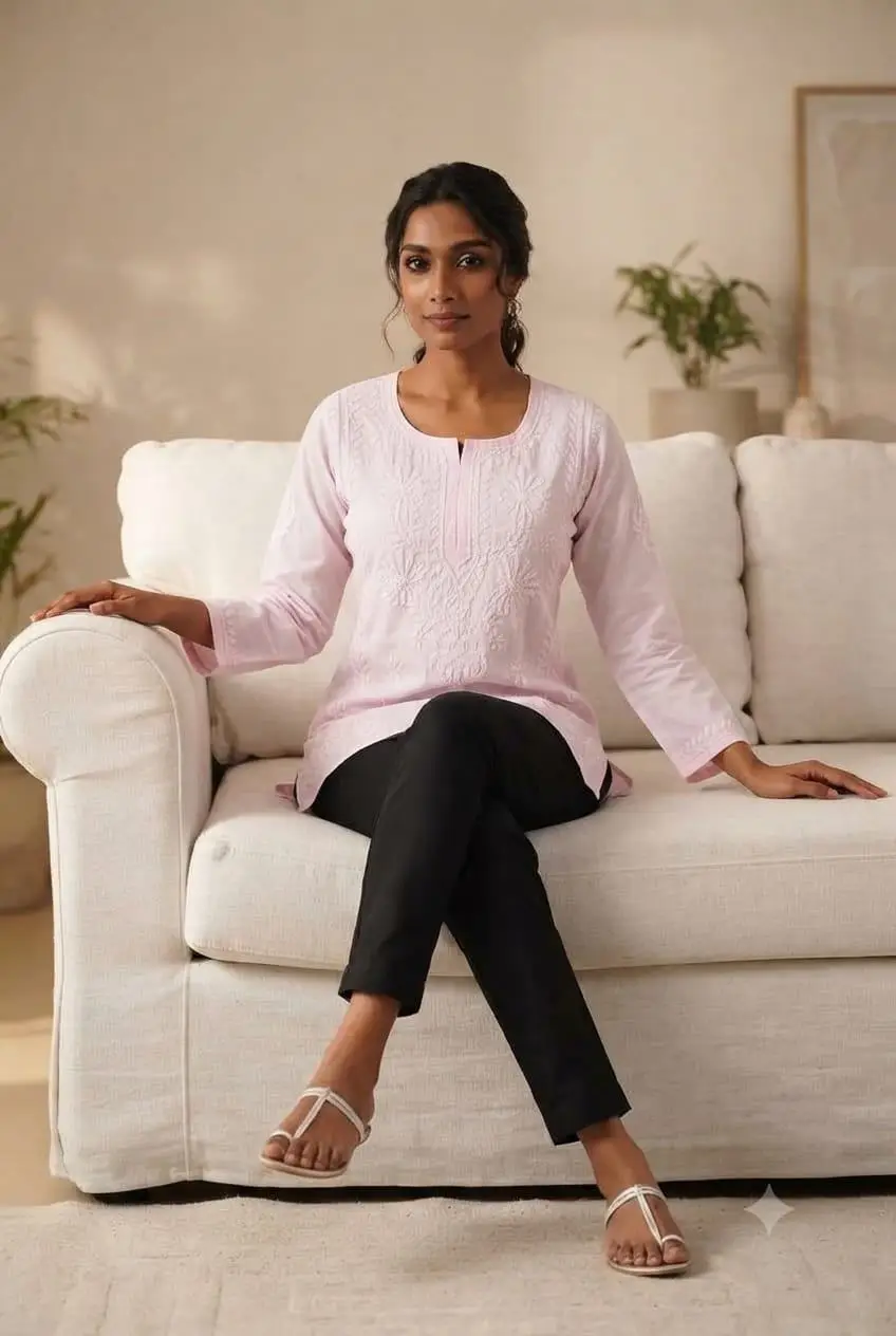 LCF CHIKAN EMBROIDERY VOIL COTTON SHORT KURTI - BABY PINK view 3