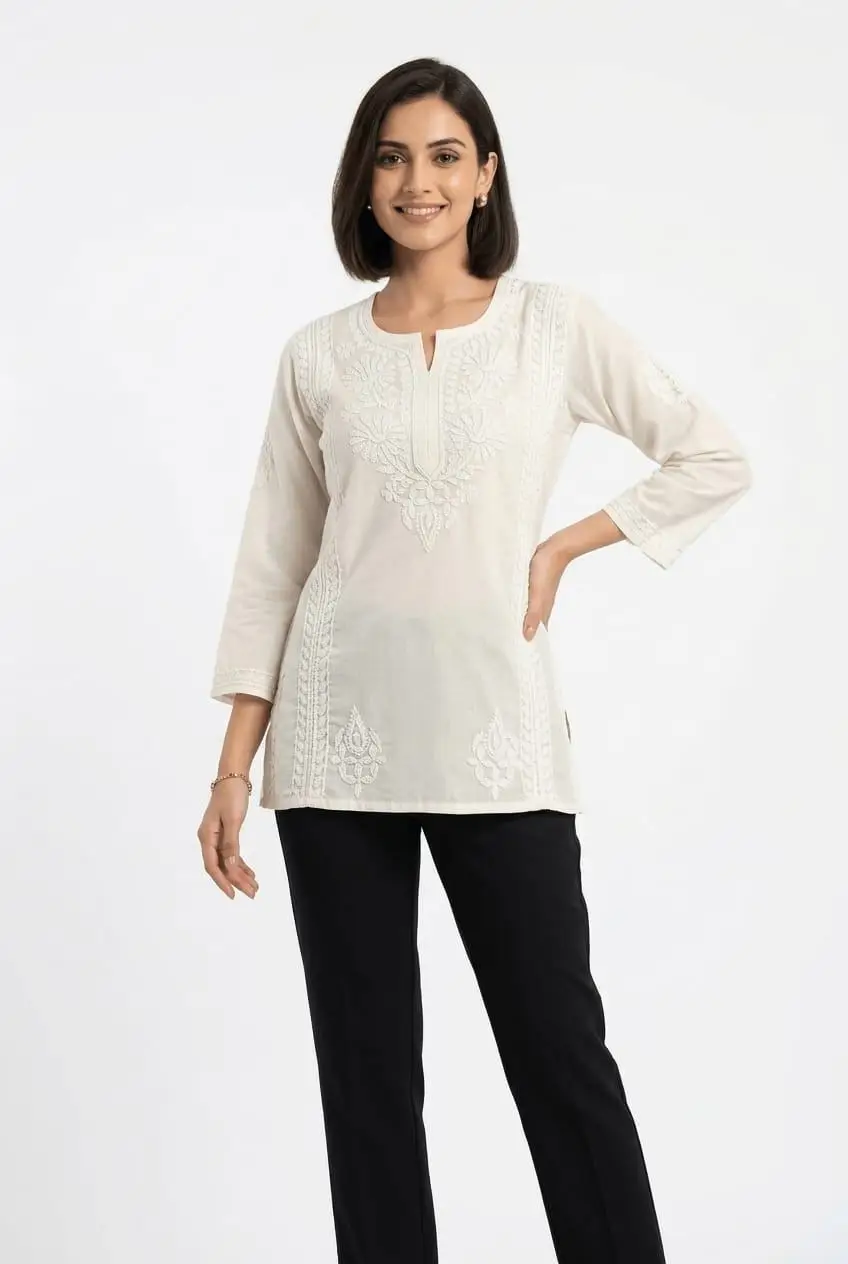 LCF CHIKAN EMBROIDERY VOIL COTTON SHORT KURTI - OFF WHITE