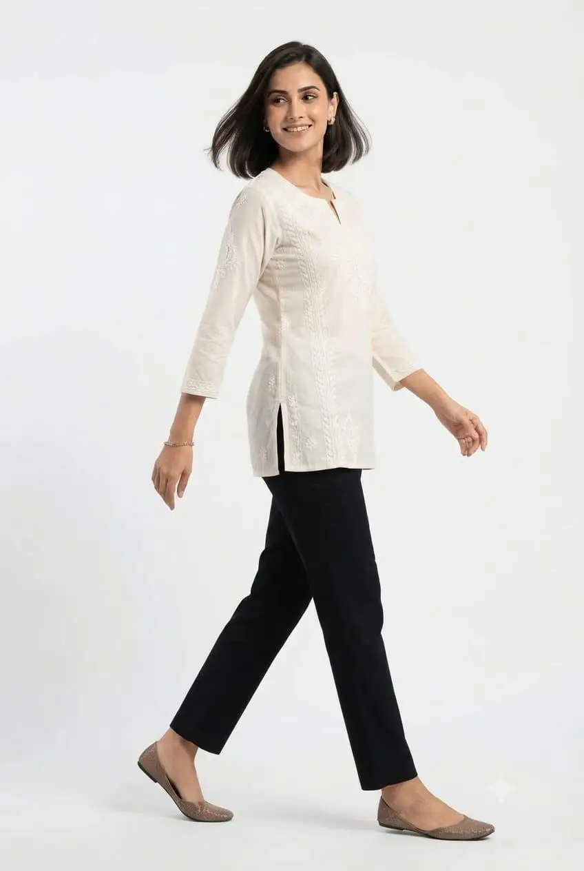 LCF CHIKAN EMBROIDERY VOIL COTTON SHORT KURTI - OFF WHITE view 2