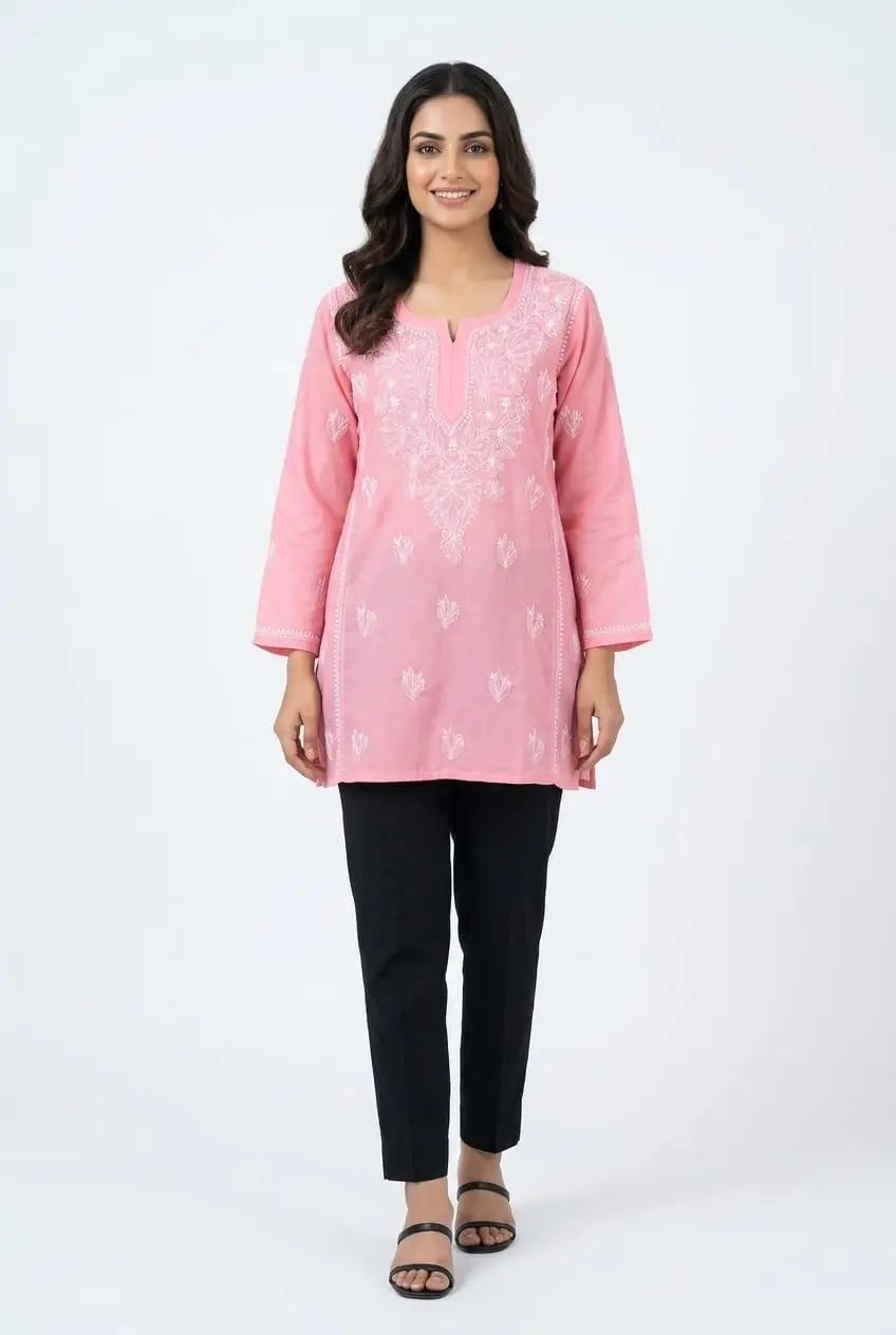LCF CHIKAN EMBROIDERY VOIL COTTON SHORT KURTI - PINK