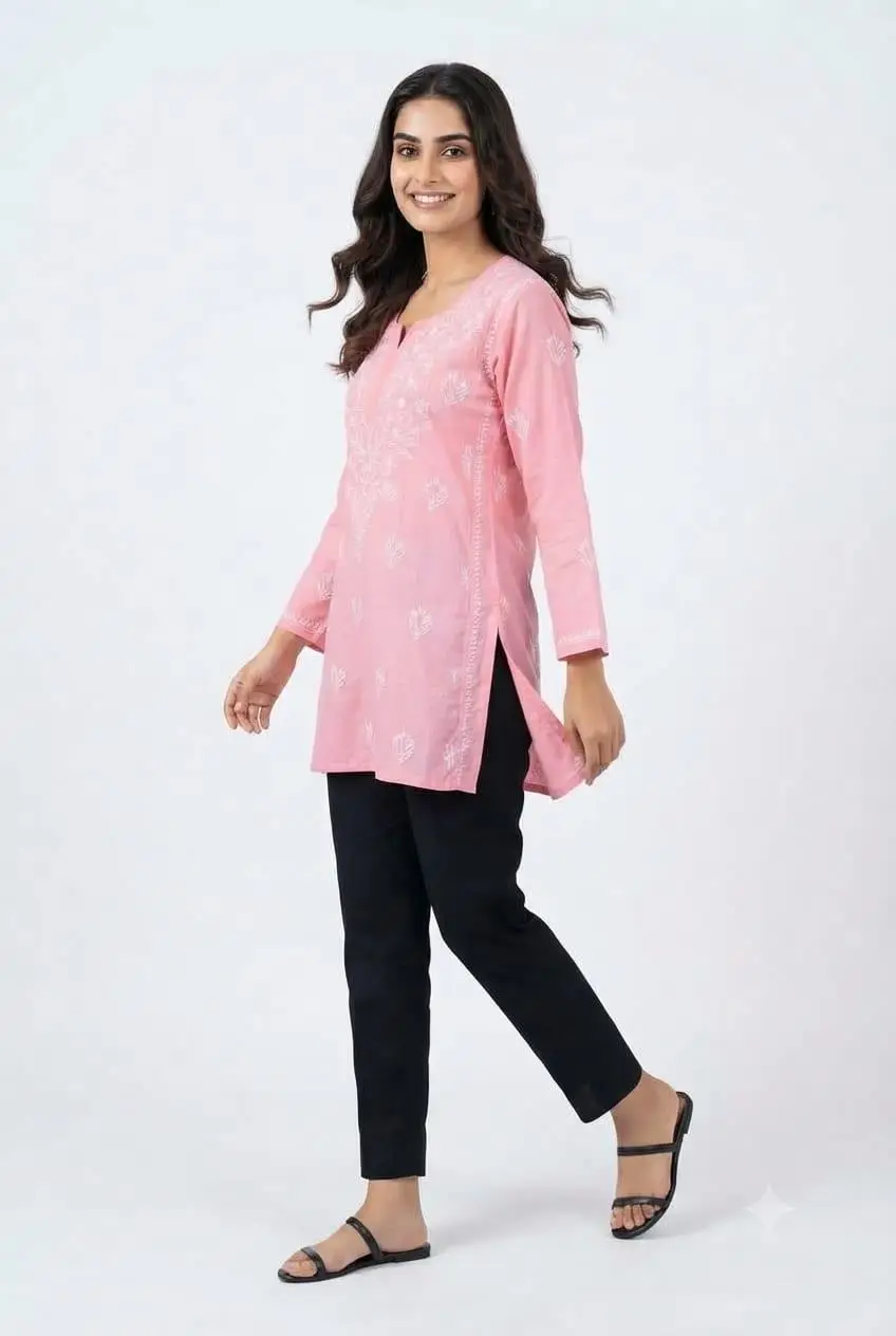 LCF CHIKAN EMBROIDERY VOIL COTTON SHORT KURTI - PINK view 3