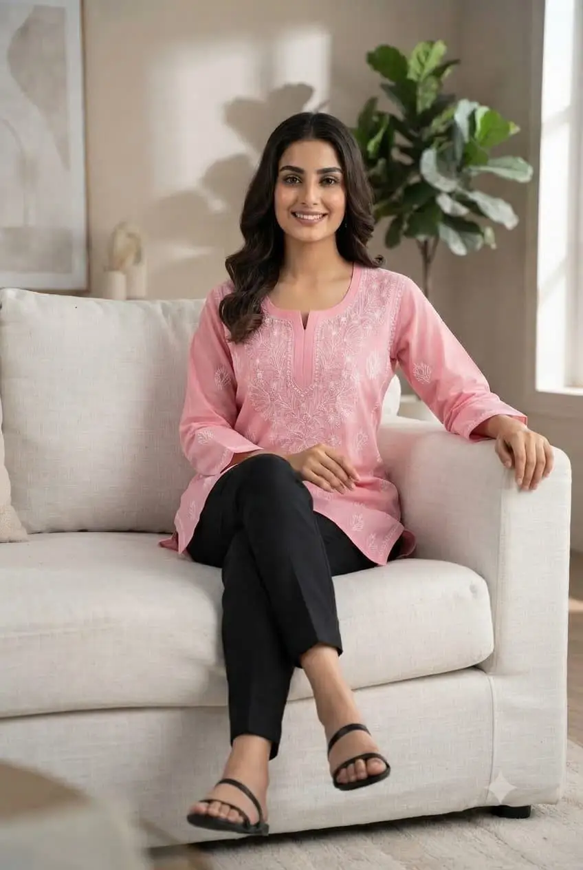 LCF CHIKAN EMBROIDERY VOIL COTTON SHORT KURTI - PINK view 4