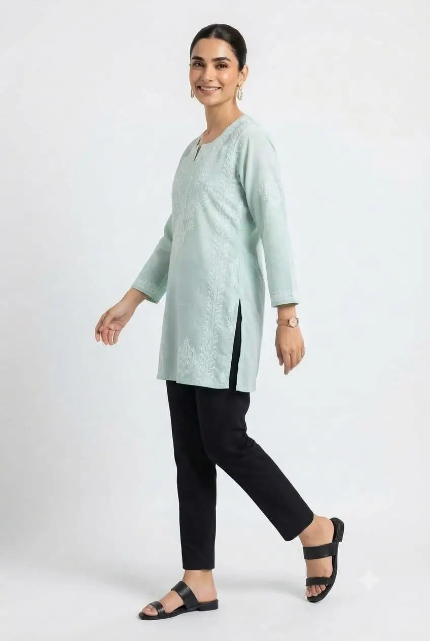 LCF CHIKAN EMBROIDERY VOIL COTTON SHORT KURTI -  LIGHT SEA GREEN view 2