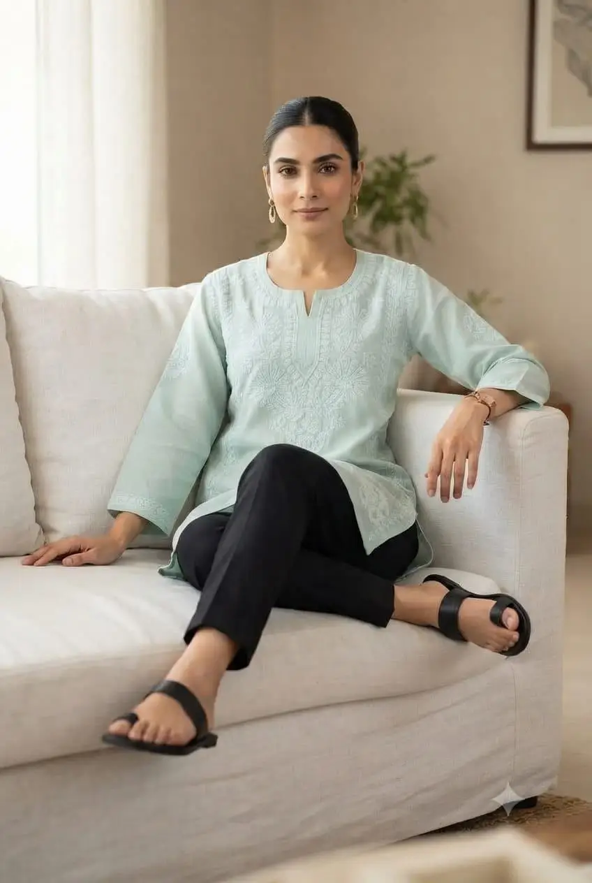 LCF CHIKAN EMBROIDERY VOIL COTTON SHORT KURTI -  LIGHT SEA GREEN view 3