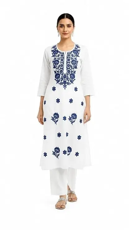 LCF CHIKAN COMPUTER EMBROIDERY RAYON LONG KURTI - BLUE