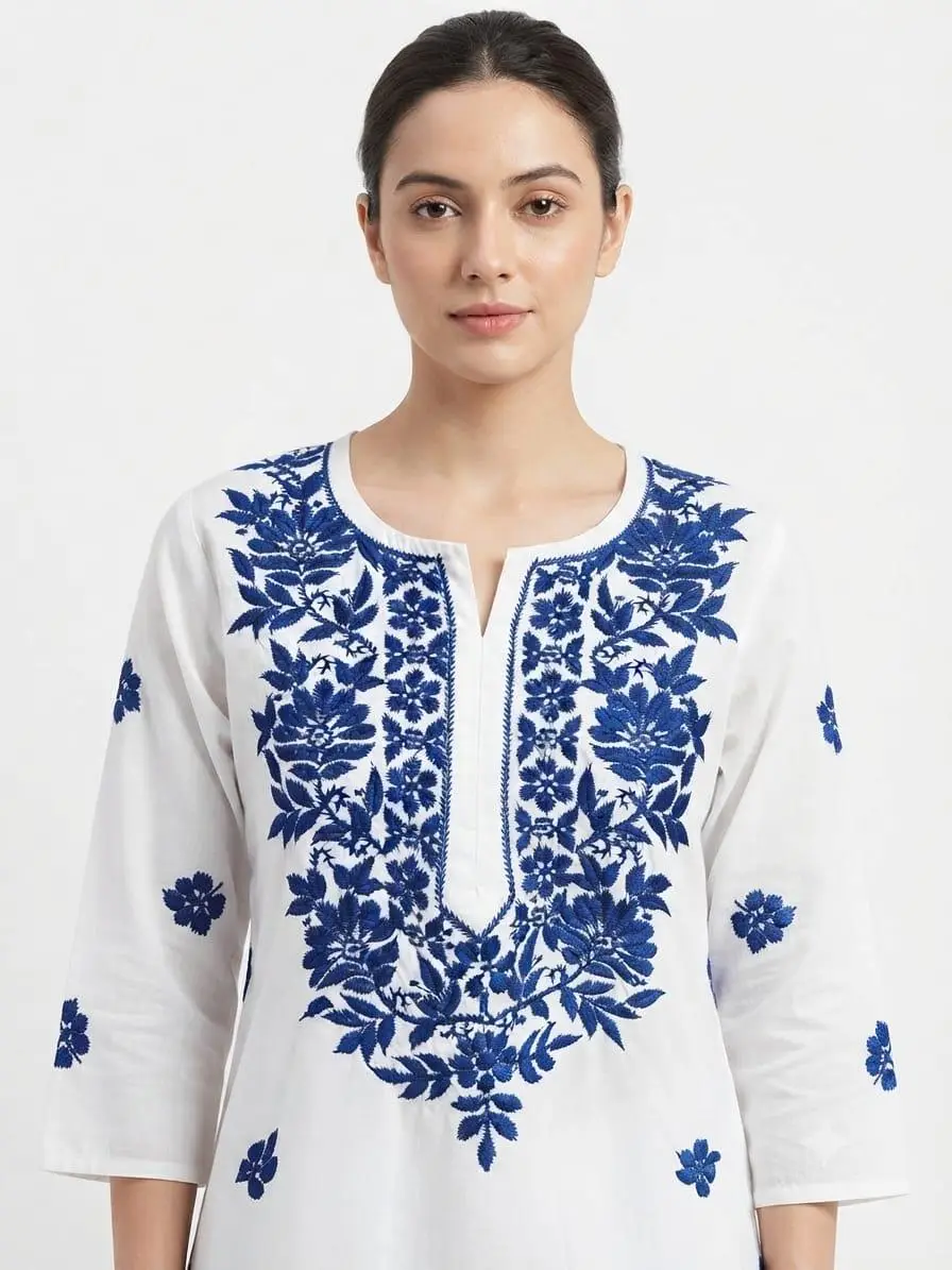 LCF CHIKAN COMPUTER EMBROIDERY RAYON LONG KURTI - BLUE view 2