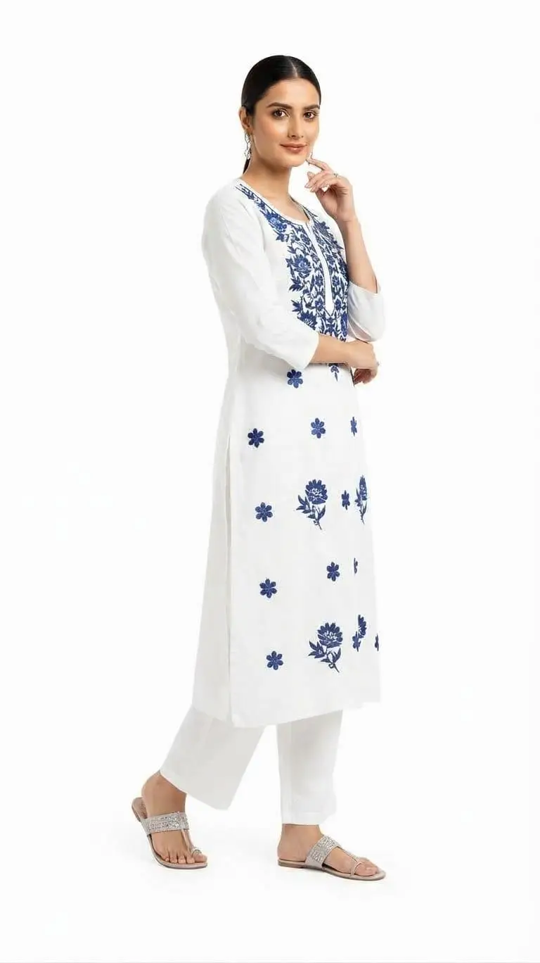 LCF CHIKAN COMPUTER EMBROIDERY RAYON LONG KURTI - BLUE view 3