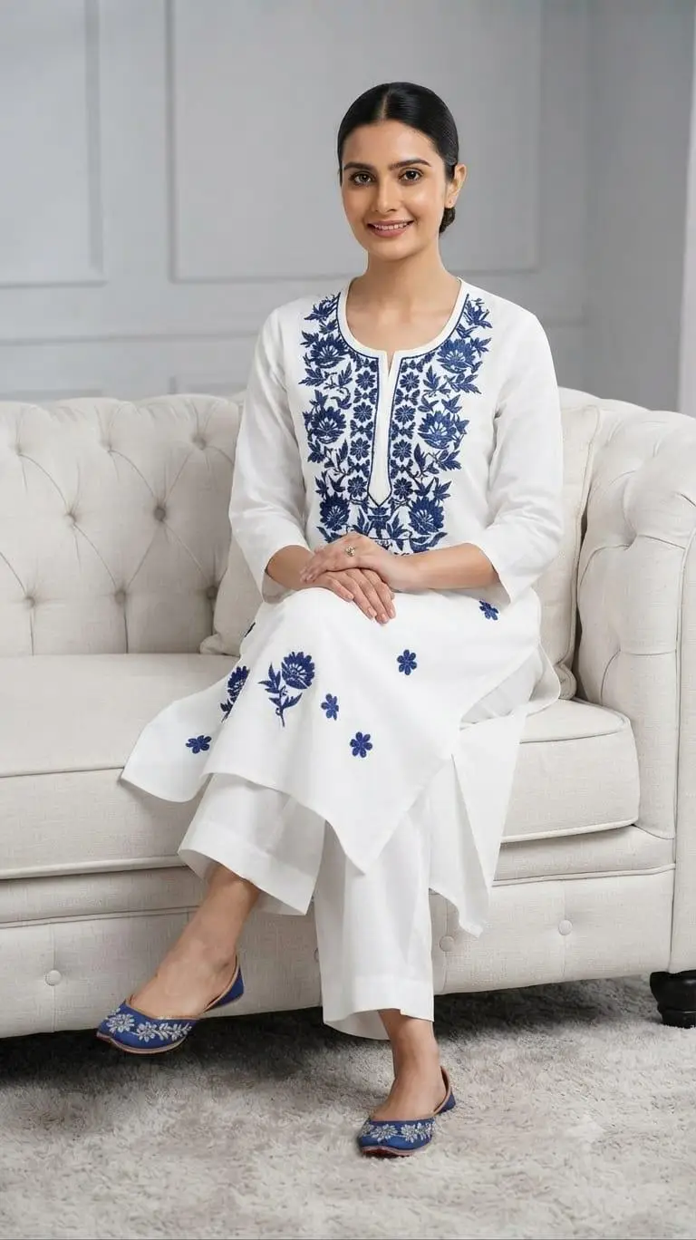 LCF CHIKAN COMPUTER EMBROIDERY RAYON LONG KURTI - BLUE view 4