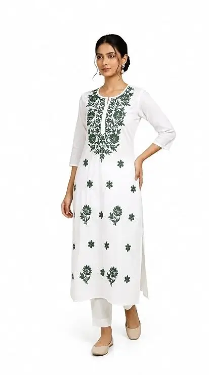 LCF CHIKAN COMPUTER EMBROIDERY RAYON LONG KURTI - GREEN