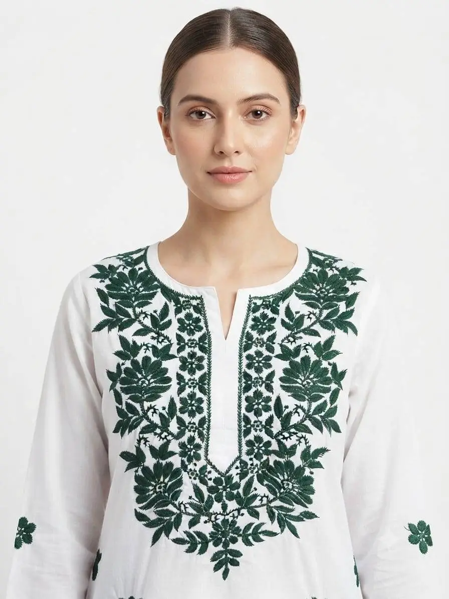 LCF CHIKAN COMPUTER EMBROIDERY RAYON LONG KURTI - GREEN view 2