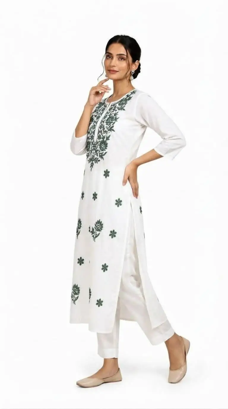 LCF CHIKAN COMPUTER EMBROIDERY RAYON LONG KURTI - GREEN view 3