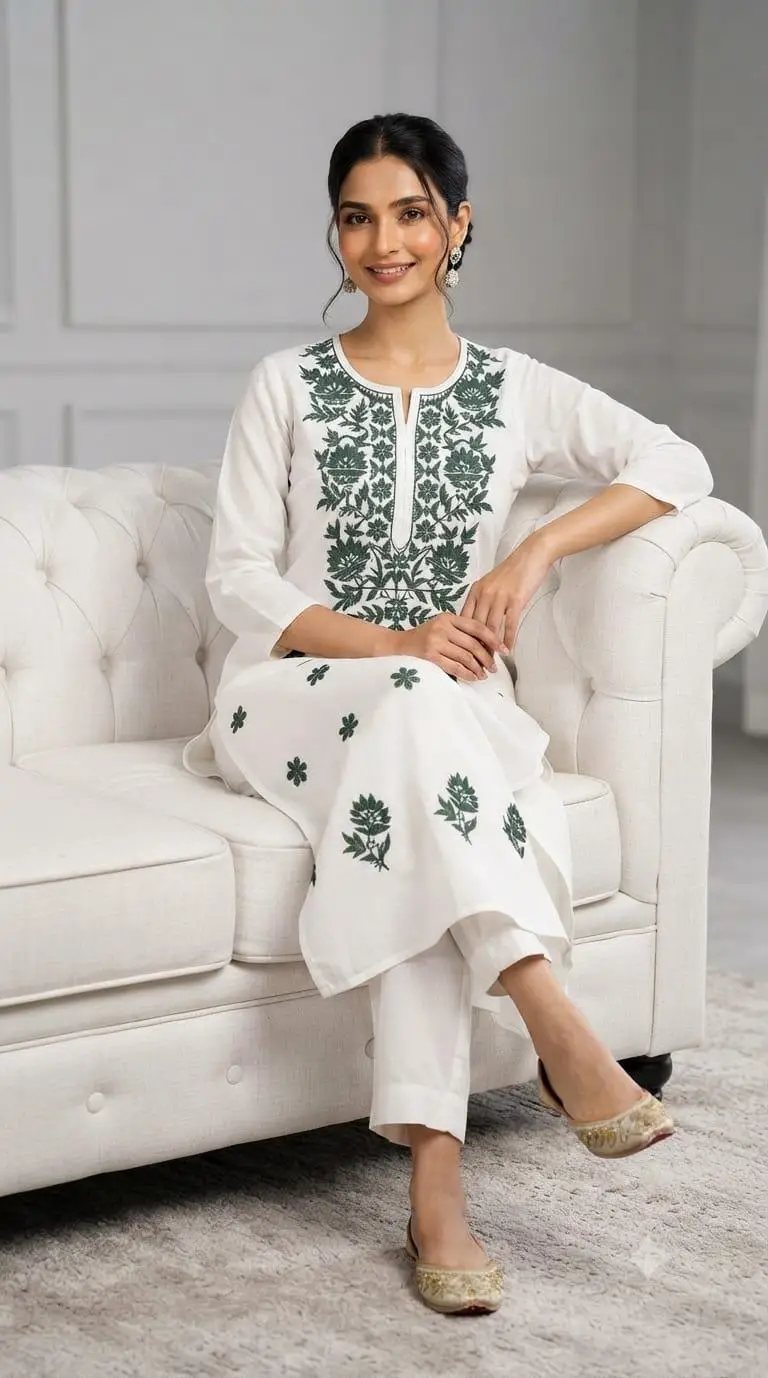 LCF CHIKAN COMPUTER EMBROIDERY RAYON LONG KURTI - GREEN view 4