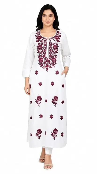 LCF CHIKAN COMPUTER EMBROIDERY RAYON LONG KURTI - WINE
