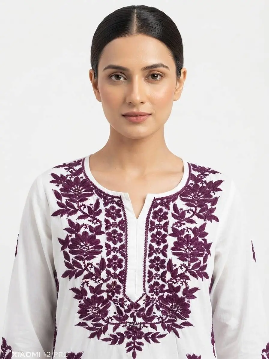 LCF CHIKAN COMPUTER EMBROIDERY RAYON LONG KURTI - WINE view 2