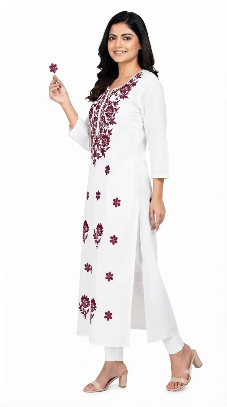 LCF CHIKAN COMPUTER EMBROIDERY RAYON LONG KURTI - WINE view 3