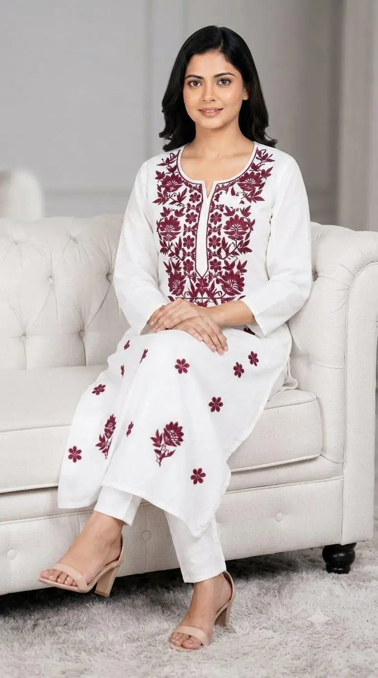 LCF CHIKAN COMPUTER EMBROIDERY RAYON LONG KURTI - WINE view 4