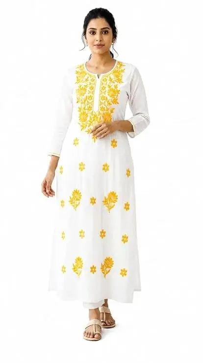 LCF CHIKAN COMPUTER EMBROIDERY RAYON LONG KURTI - YELLOW