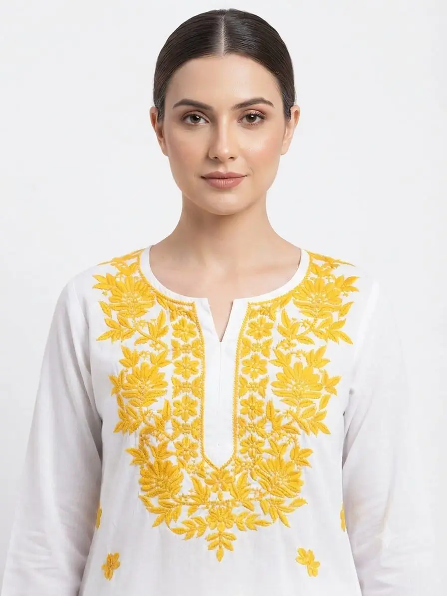 LCF CHIKAN COMPUTER EMBROIDERY RAYON LONG KURTI - YELLOW view 2