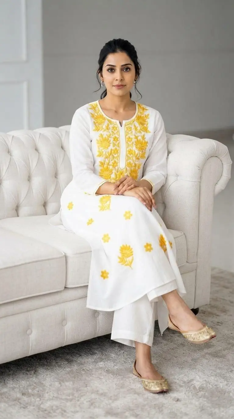 LCF CHIKAN COMPUTER EMBROIDERY RAYON LONG KURTI - YELLOW view 3
