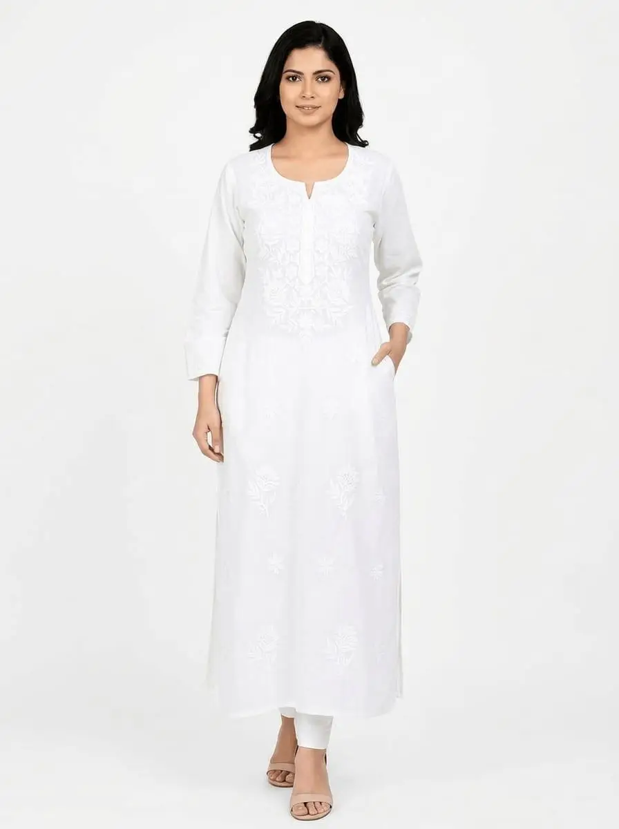 LCF CHIKAN COMPUTER EMBROIDERY RAYON LONG KURTI - WHITE