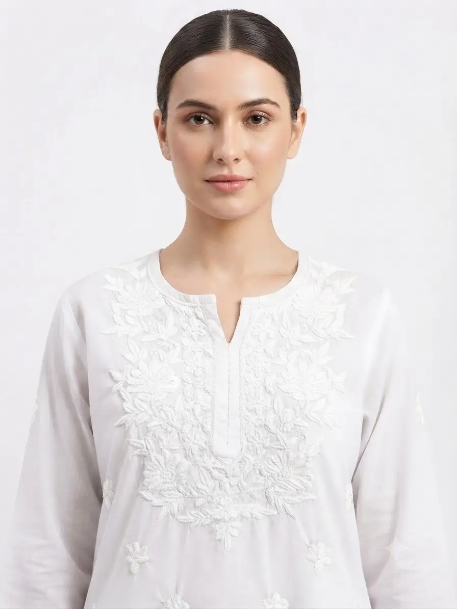 LCF CHIKAN COMPUTER EMBROIDERY RAYON LONG KURTI - WHITE view 2