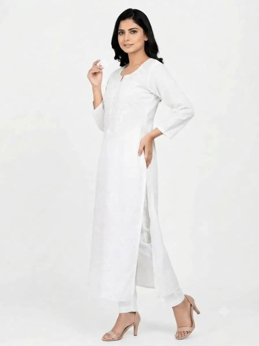 LCF CHIKAN COMPUTER EMBROIDERY RAYON LONG KURTI - WHITE view 3