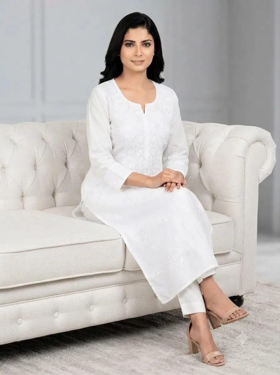 LCF CHIKAN COMPUTER EMBROIDERY RAYON LONG KURTI - WHITE view 4