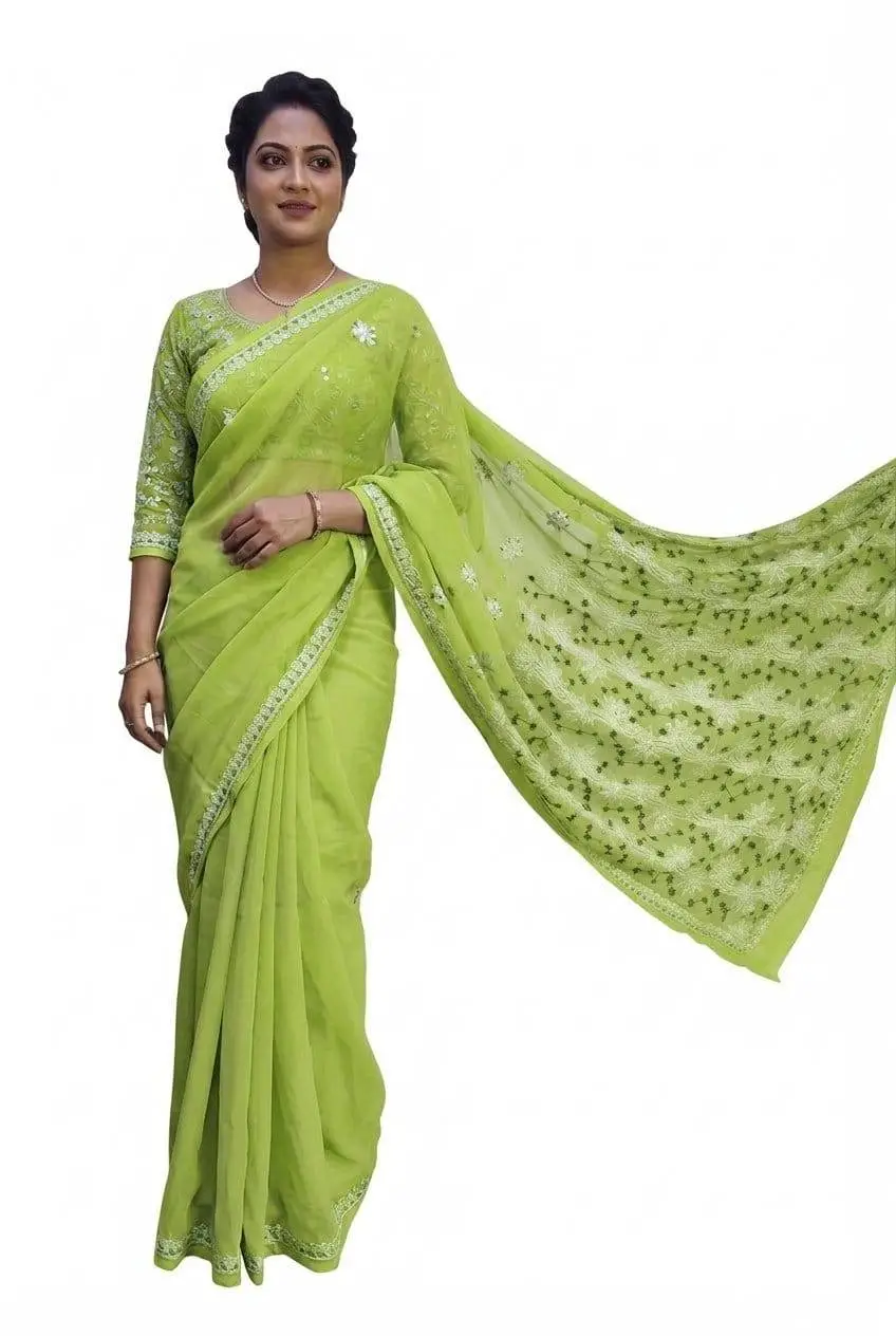 LCF CHIKAN EMBROIDERY COLOUR THREAD WITH SIQUANCE WORK CHIFFON SAREE - LIGHT LIME GREEN
