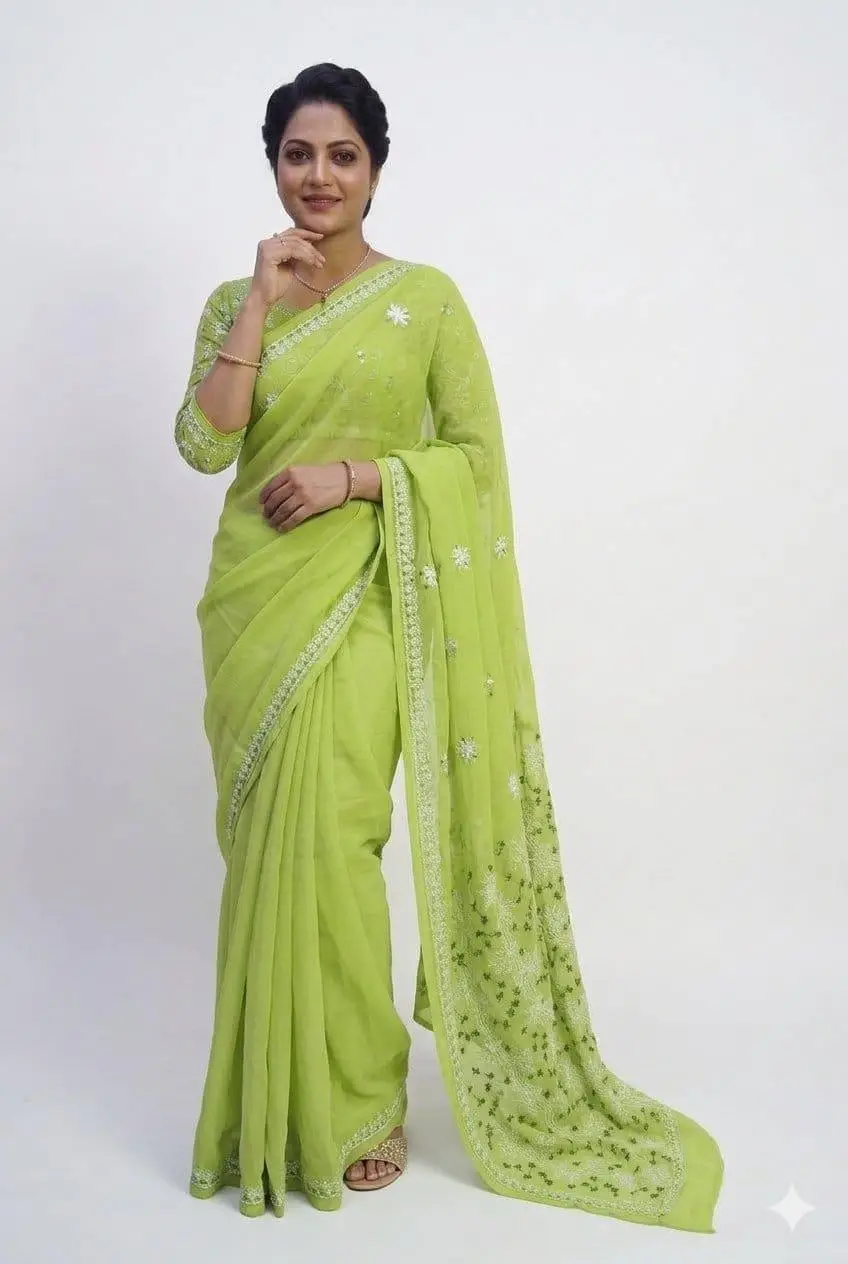 LCF CHIKAN EMBROIDERY COLOUR THREAD WITH SIQUANCE WORK CHIFFON SAREE - LIGHT LIME GREEN view 2