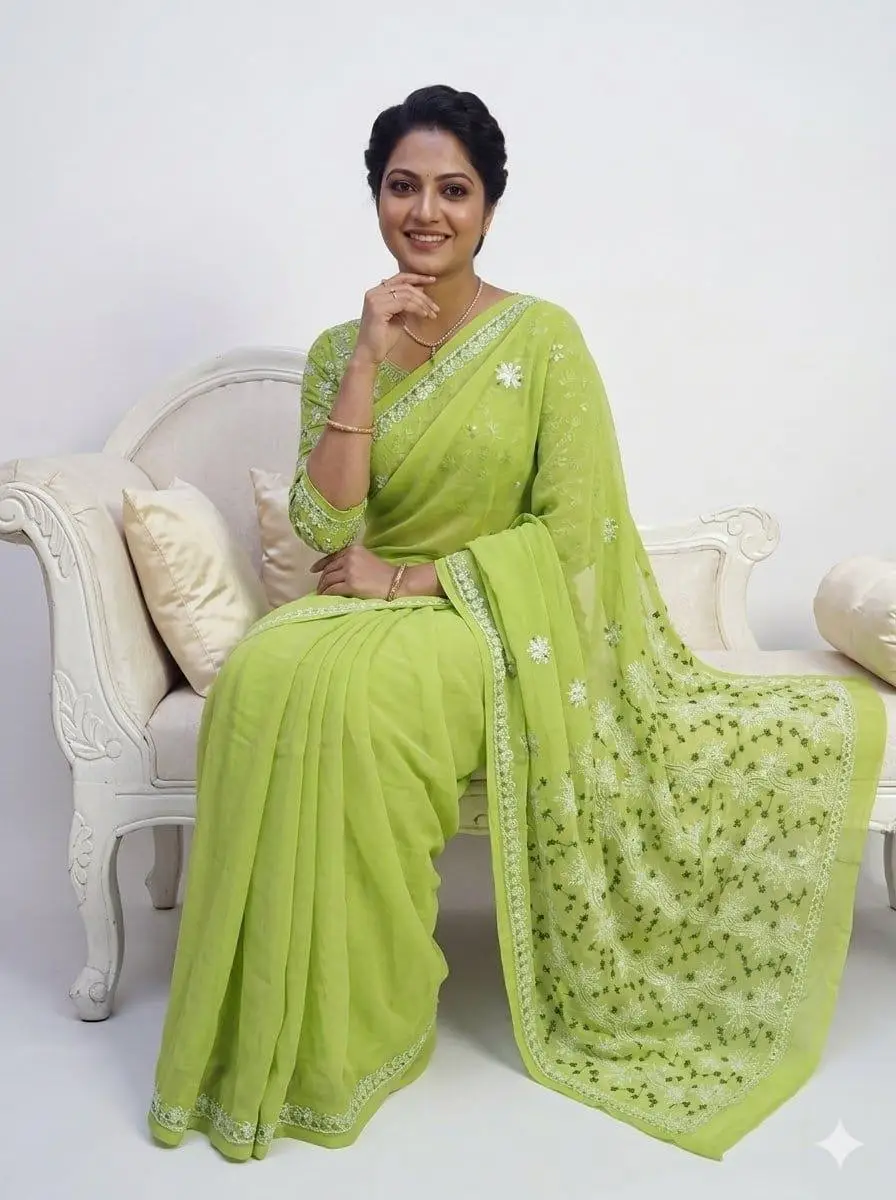 LCF CHIKAN EMBROIDERY COLOUR THREAD WITH SIQUANCE WORK CHIFFON SAREE - LIGHT LIME GREEN view 3