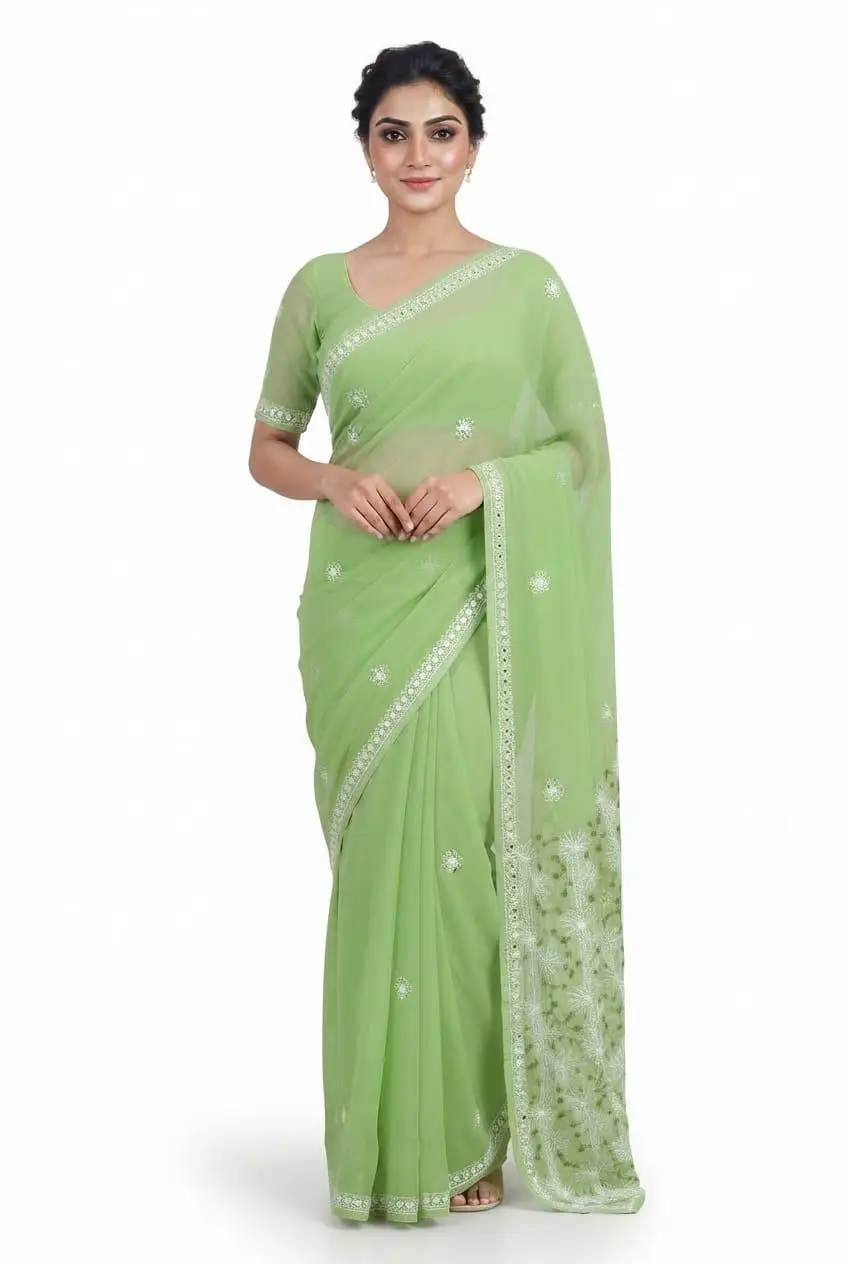 LCF CHIKAN EMBROIDERY COLOUR THREAD WITH SIQUANCE WORK CHIFFON SAREE - MINT GREEN