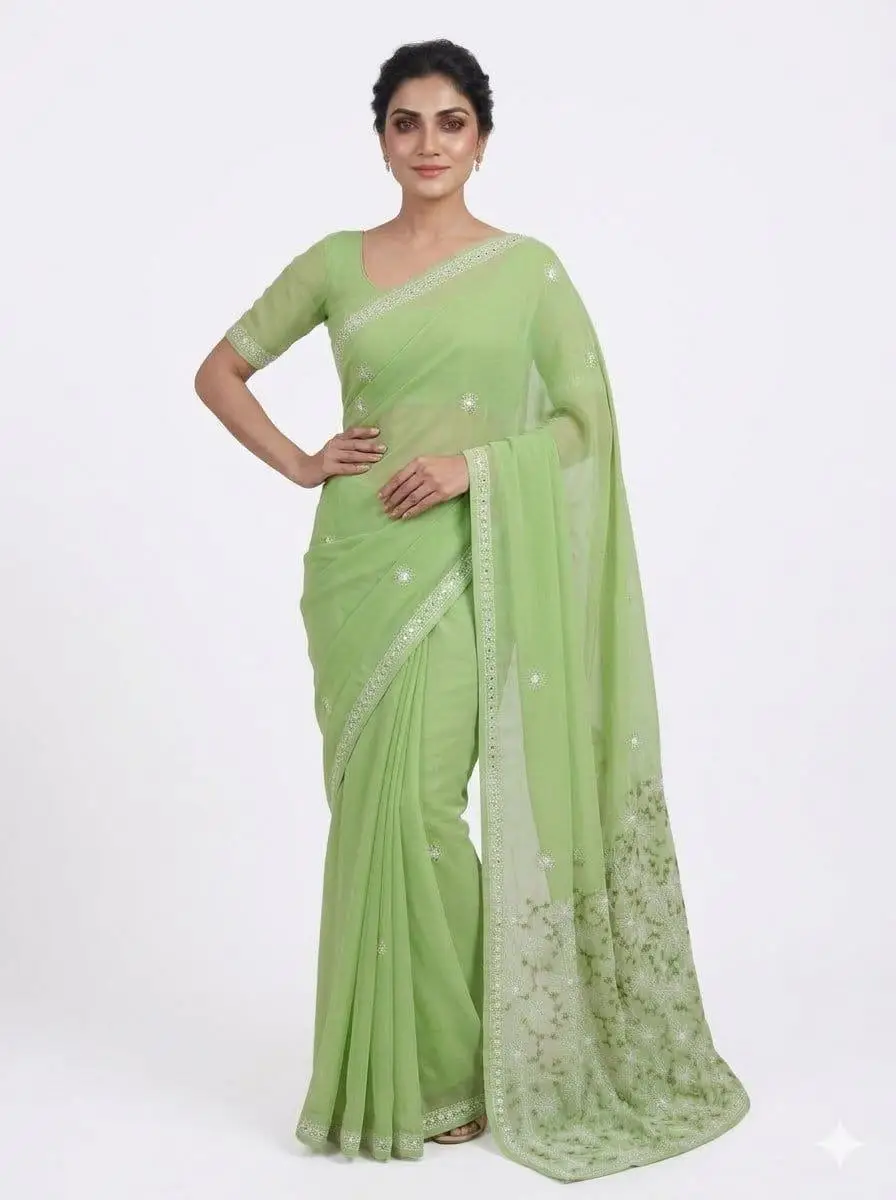 LCF CHIKAN EMBROIDERY COLOUR THREAD WITH SIQUANCE WORK CHIFFON SAREE - MINT GREEN view 2