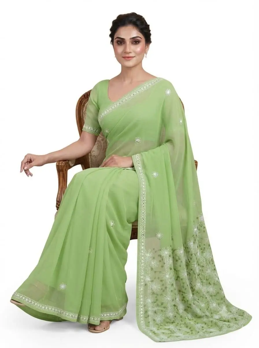 LCF CHIKAN EMBROIDERY COLOUR THREAD WITH SIQUANCE WORK CHIFFON SAREE - MINT GREEN view 3