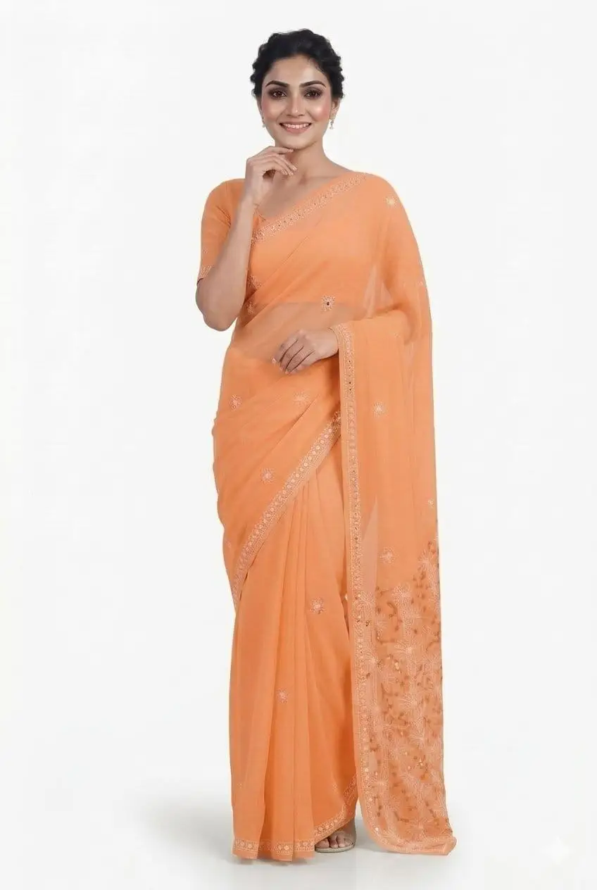 LCF CHIKAN EMBROIDERY COLOUR THREAD WITH SIQUANCE WORK CHIFFON SAREE - ORANGE view 2