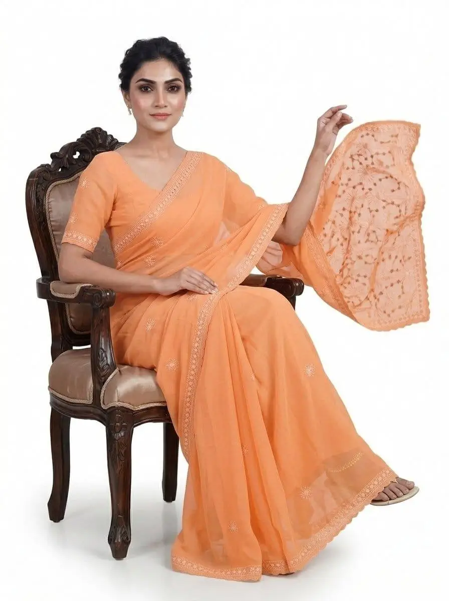 LCF CHIKAN EMBROIDERY COLOUR THREAD WITH SIQUANCE WORK CHIFFON SAREE - ORANGE view 3