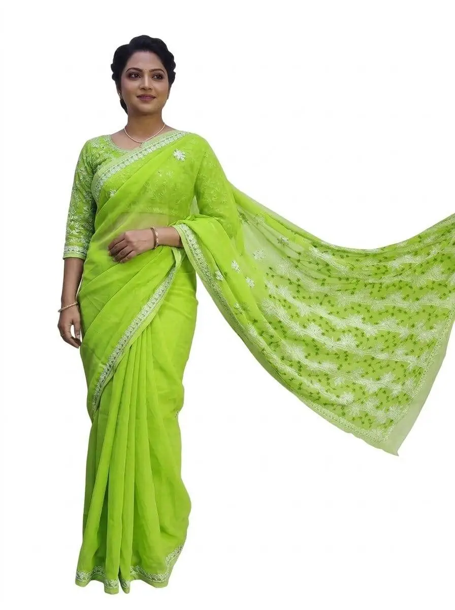 LCF CHIKAN EMBROIDERY COLOUR THREAD WITH SIQUANCE WORK CHIFFON SAREE - PARROT GREEN