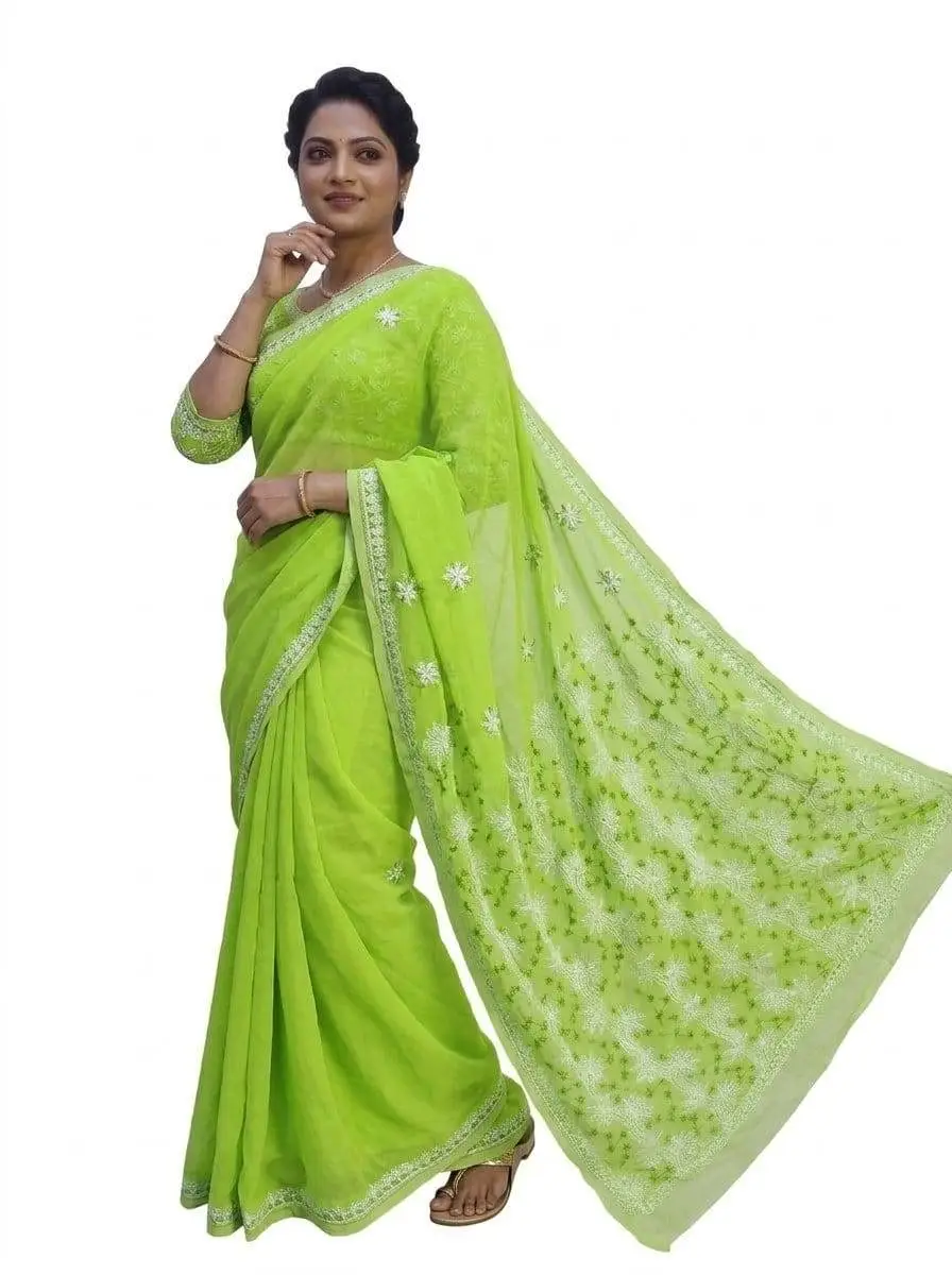 LCF CHIKAN EMBROIDERY COLOUR THREAD WITH SIQUANCE WORK CHIFFON SAREE - PARROT GREEN view 2