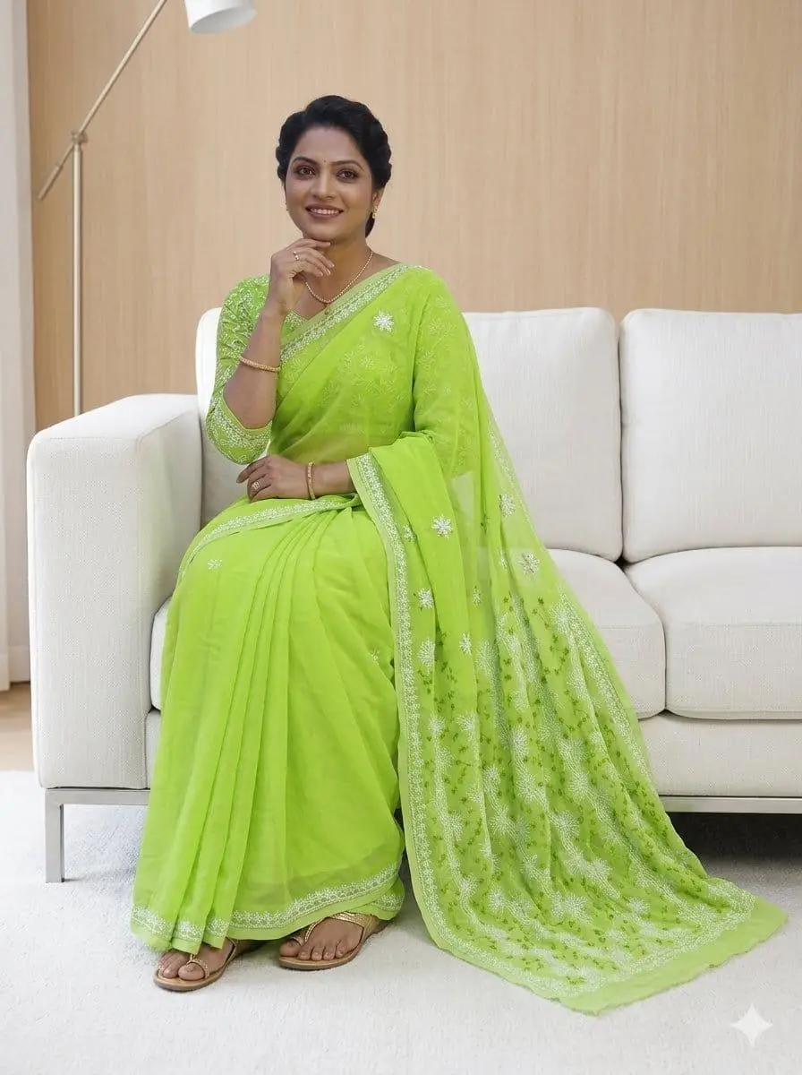 LCF CHIKAN EMBROIDERY COLOUR THREAD WITH SIQUANCE WORK CHIFFON SAREE - PARROT GREEN view 3
