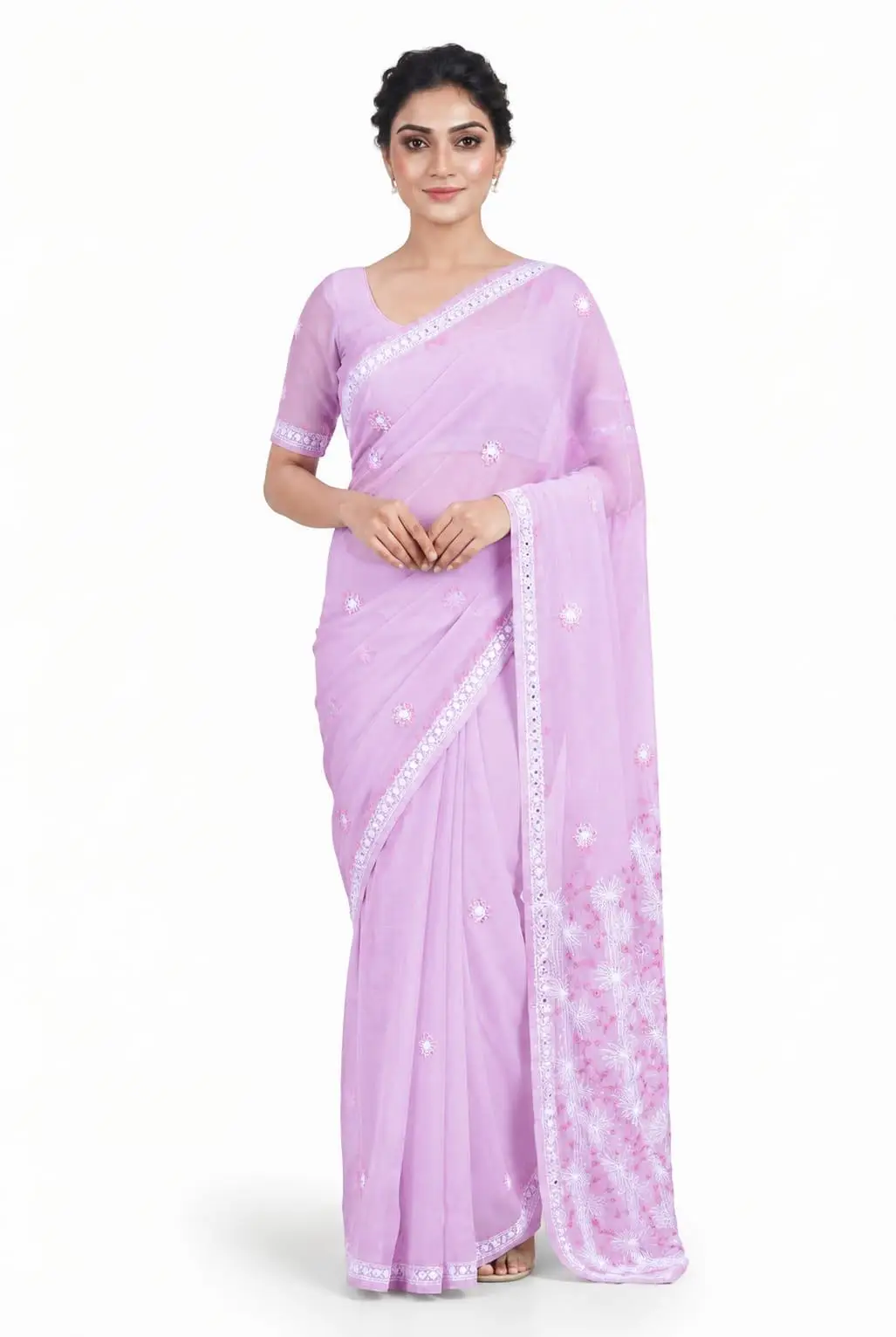 LCF CHIKAN EMBROIDERY COLOUR THREAD WITH SIQUANCE WORK CHIFFON SAREE - PINK