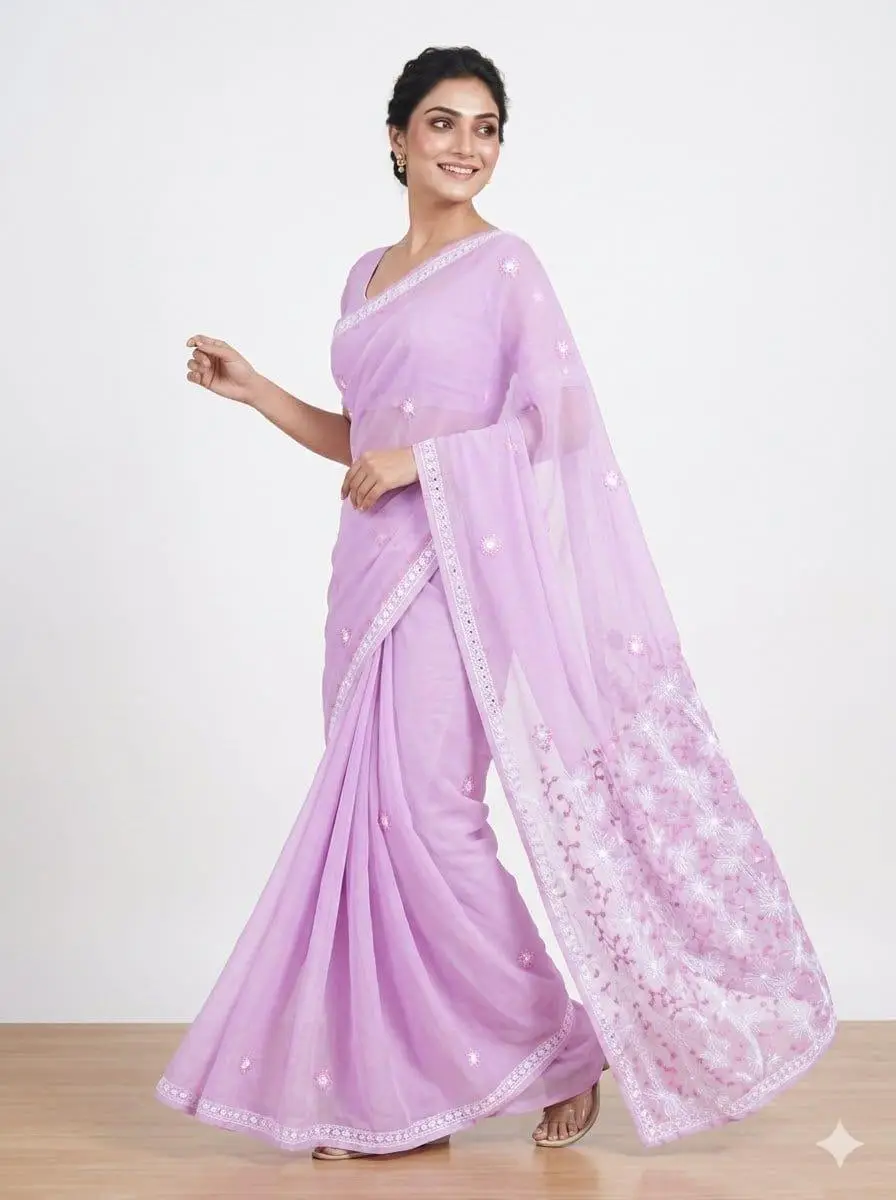 LCF CHIKAN EMBROIDERY COLOUR THREAD WITH SIQUANCE WORK CHIFFON SAREE - PINK view 2