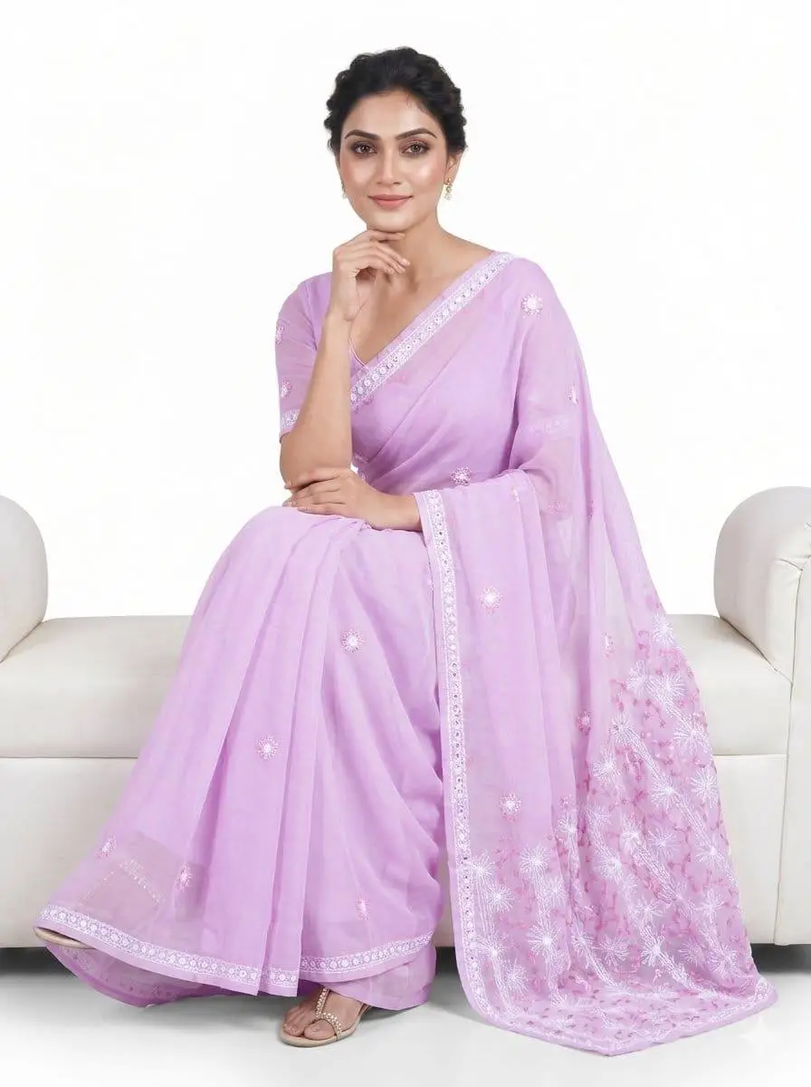 LCF CHIKAN EMBROIDERY COLOUR THREAD WITH SIQUANCE WORK CHIFFON SAREE - PINK view 3