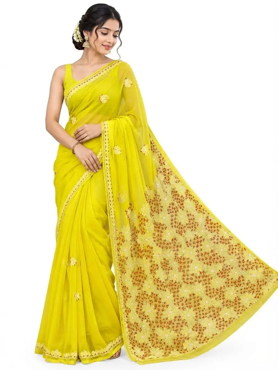 LCF CHIKAN EMBROIDERY COLOUR THREAD WITH SIQUANCE WORK CHIFFON SAREE - YELLOW